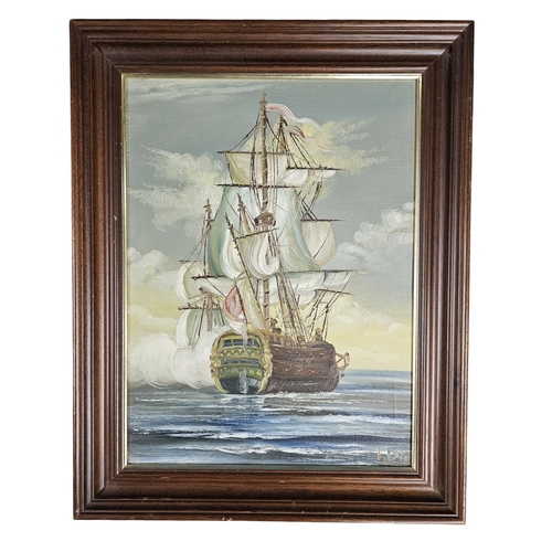 40 - A 20th Century Oil on Canvas of a Destroyer in full sail. 39 X 29 cm approx.