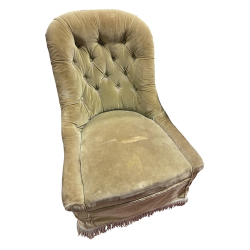 762 - A 19th Century deep buttoned bedroom Chair upholstered in Green velvet.
W 60 x SH 33 x BH 80 cm appr... 