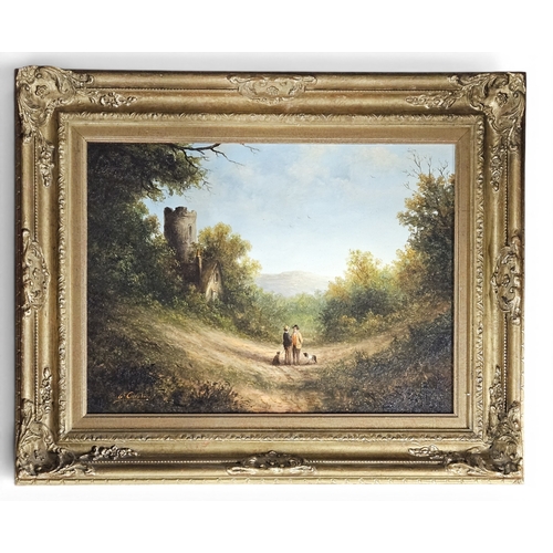 Ronald Cavalla (b1940). An Oil on Canvas of two Men and their Dogs on a pathway in a rural scene with a Church in the distance. Signed R Cavalla LL. 30 x 40 cm approx.
