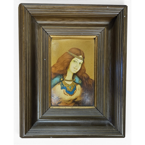 23 - A hand painted Limoges Plaque of a Norse Woman. 13 x 9, frame 25 x 20 cm approx.