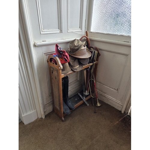 775 - A late 19th Century stick Stand, side cabinet three Mahogany chairs and a fold up table. 
Stick Stan... 