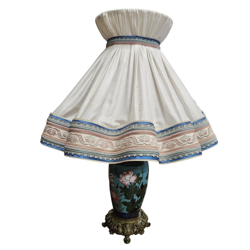 53 - A fantastic pair of early 20th Century Cloisonne Table Lamps on turquoise ground depicting floral ou... 