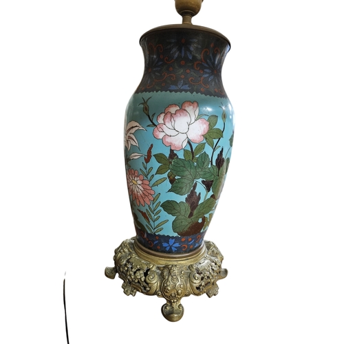 53 - A fantastic pair of early 20th Century Cloisonne Table Lamps on turquoise ground depicting floral ou... 