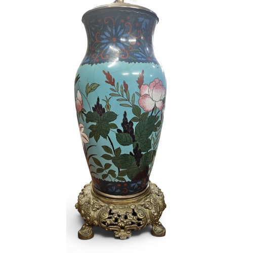 53 - A fantastic pair of early 20th Century Cloisonne Table Lamps on turquoise ground depicting floral ou... 