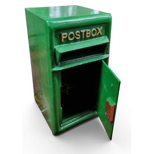 19 - A good Cast Iron wall Post Box with two keys in original antique green colour. 45cm tall x 24cm wide... 