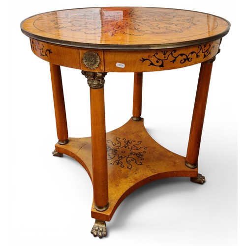 5 - A reproduction Birds Eye Maple Centre Table on turned columned supports. D 81 x H 78 cm approx.
