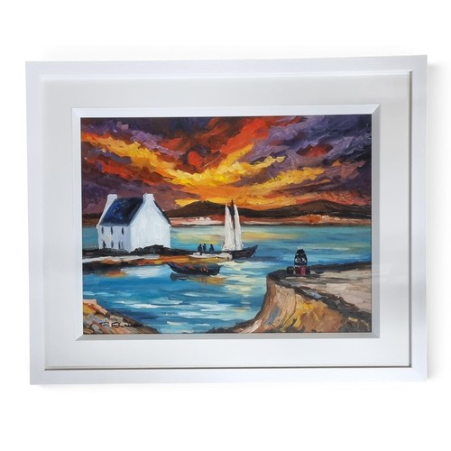 David Butler (Irish) 'Back from the Mainland' Oil on Board signed LL with a frame size 55 x 45 cms approx.
