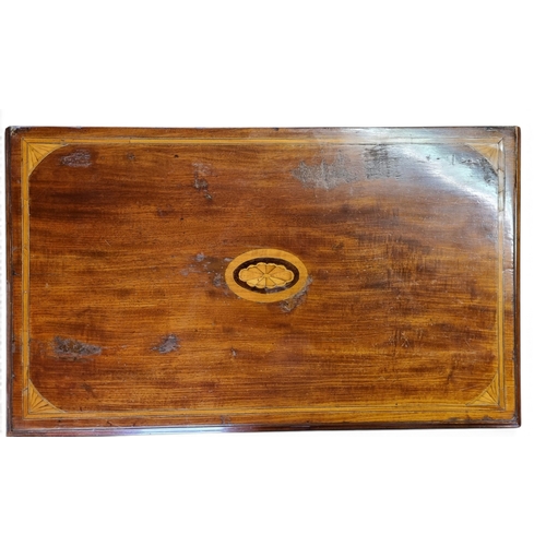 52 - A neat 19th Century Mahogany and Veneered Side table with shell inlaid top on simple pad supports.
W... 