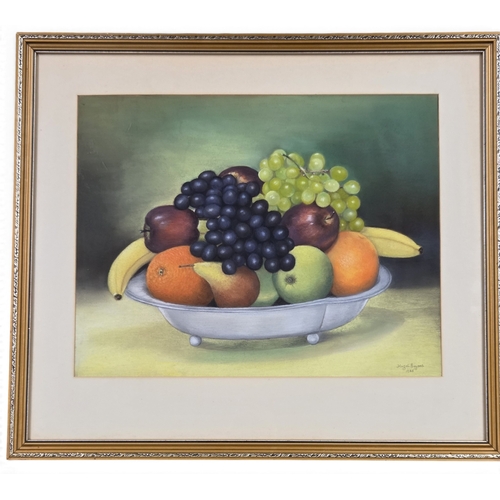 160 - A large Pastel still life of Fruit in a bowl on a table setting by Hazel Bryans and signed LR. 62 x ... 