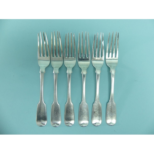 17 - A set of six Scottish Victorian silver Dessert Forks, by Peter Aitken I, hallmarked Glasgow 1842, fi... 