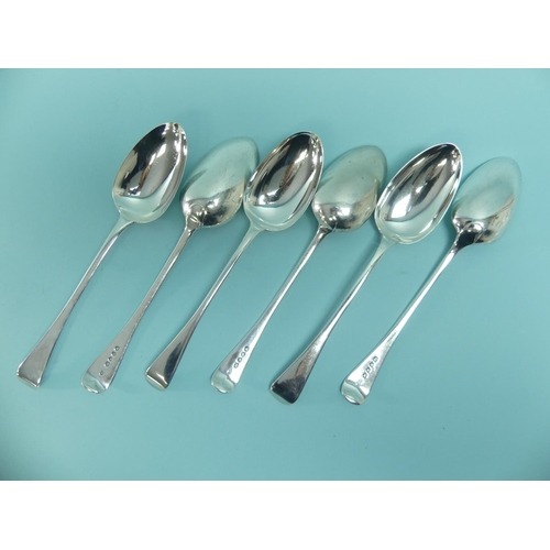 77 - A near-matched set of six Victorian silver Table Spoons, Old English pattern, all London hallmarks, ... 
