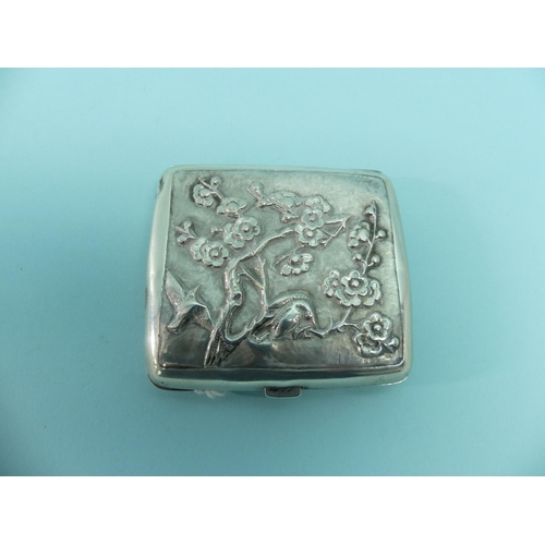 91 - An early 20thC Chinese export silver Cigarette Case, by Taylor&Co., one side with storks amongst pru... 