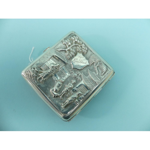 91 - An early 20thC Chinese export silver Cigarette Case, by Taylor&Co., one side with storks amongst pru... 