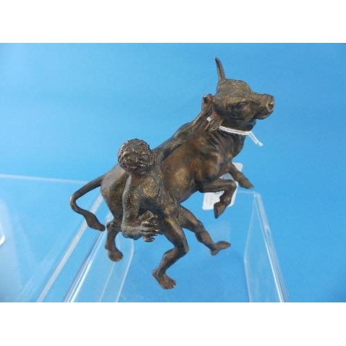 115 - A Continental patinated bronze of a Matador and Bull, the bull 4¾in (12cm) nose to tail, crack where... 