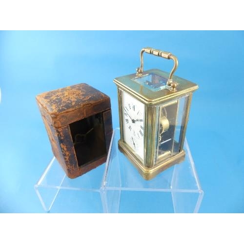 124 - A French gilt brass Carriage Clock with Alarm, with carry case and key, clock not in working order, ... 