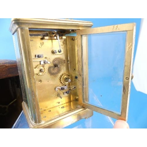 124 - A French gilt brass Carriage Clock with Alarm, with carry case and key, clock not in working order, ... 