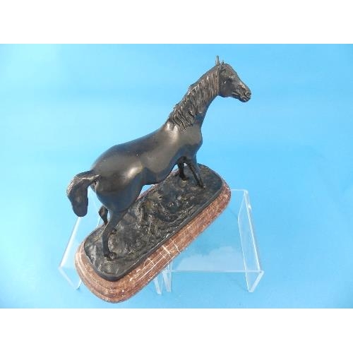 130 - After P. J. MENE, a 20th Century patinated bronze figure of a Stallion Horse, standing on a naturali... 