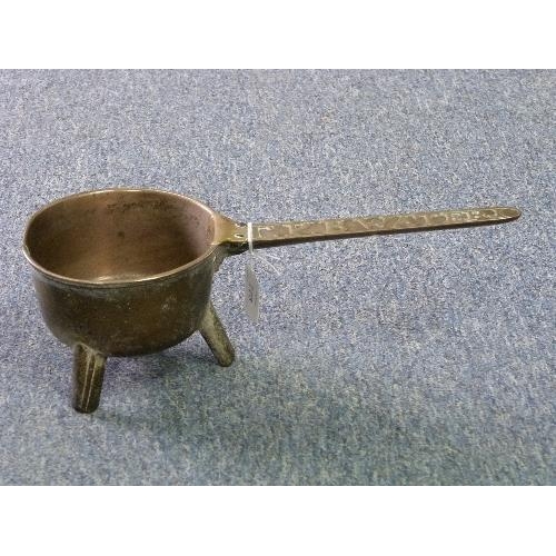 145 - A 19thC named bronze Skillet, the handle cast 'Wasbrough', raised on three feet, 13½in (34cm) long.