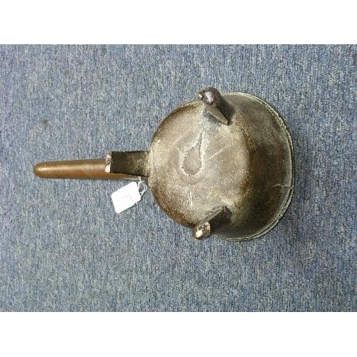 145 - A 19thC named bronze Skillet, the handle cast 'Wasbrough', raised on three feet, 13½in (34cm) long.