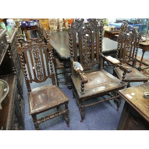 170 - A set of seven Victorian carved oak Carolean-style Dining Chairs, including one carver chair, each w... 