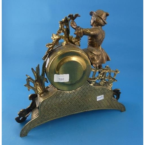 190 - A French brass figural Mantel Clock, modelled as a huntsman in naturalistic setting on an ornate scr... 