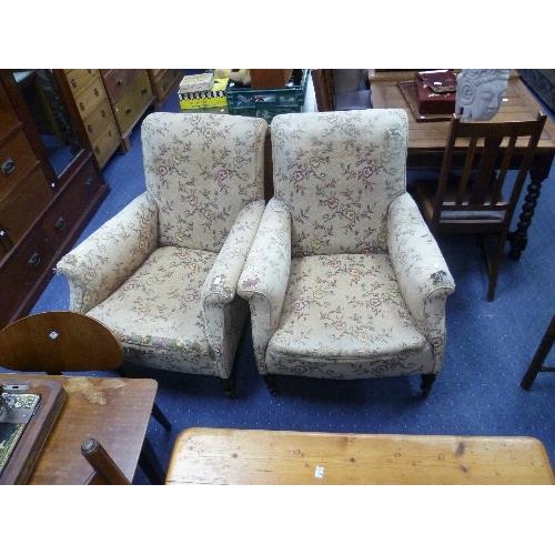 305 - A pair of Edwardian upholstered Armchairs, on ceramic castors, together with an oak framed corner ch... 