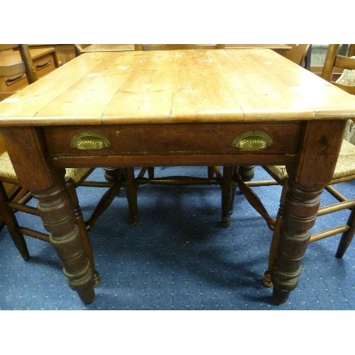 330 - An antique pine Kitchen Table, with single frieze drawer, 34in x 34in (86.5cm x 86.5cm), together wi... 