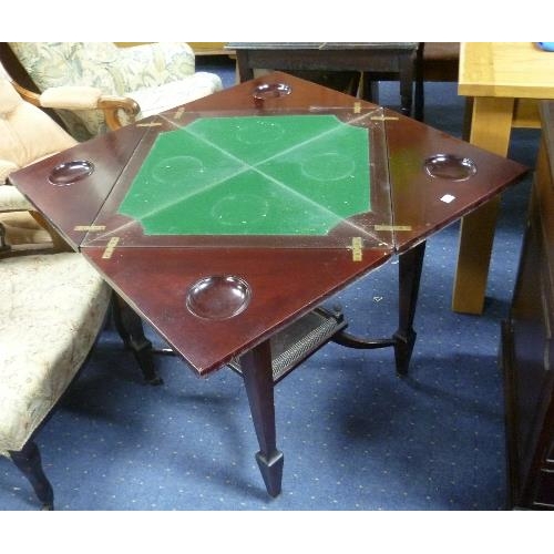 342 - An Edwardian mahogany envelope Card Table, with green baize and counter cups, 22¾in (58cm) square.