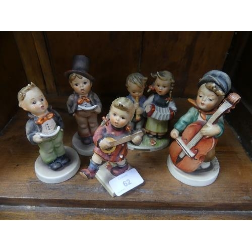 62 - Hummel figurines; nine 'musical' examples, Band Leader, Happiness, Street Singer, Sweet Music,  Sing... 