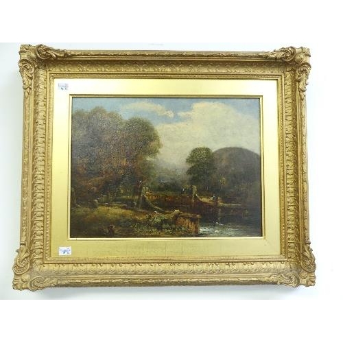 90 - Joseph Haslam Hawksworth (1827-1908), Figures by canal lock gates in a wooded landscape, oil on canv... 