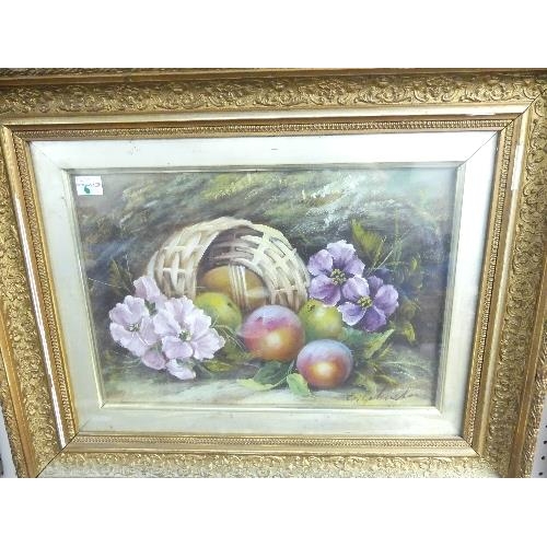 97 - 19thC School, Still life of fruit and flowers, a pair, oil on board, signed, 11½in x  7½in (29cm x 1... 