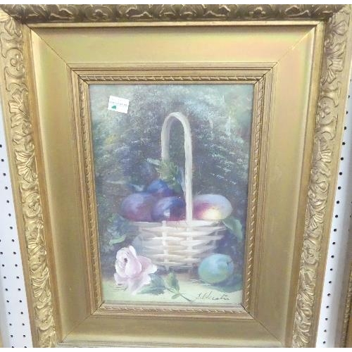 97 - 19thC School, Still life of fruit and flowers, a pair, oil on board, signed, 11½in x  7½in (29cm x 1... 