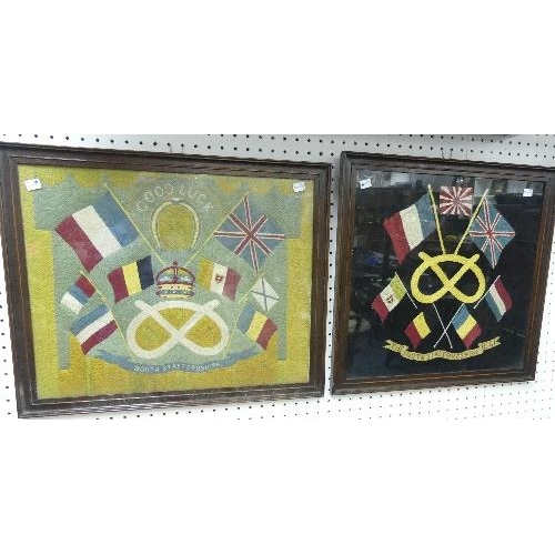 52 - A WW1 period Regimental Woolwork Picture, the South Staffordshire Regimental crest surrounded by fla... 