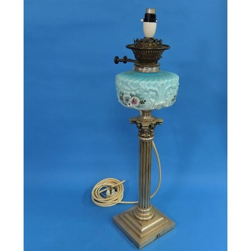 49 - A late 19thC silver plated Corinthian Column Oil Lamp, blue glass reservoir painted with flowers, no... 