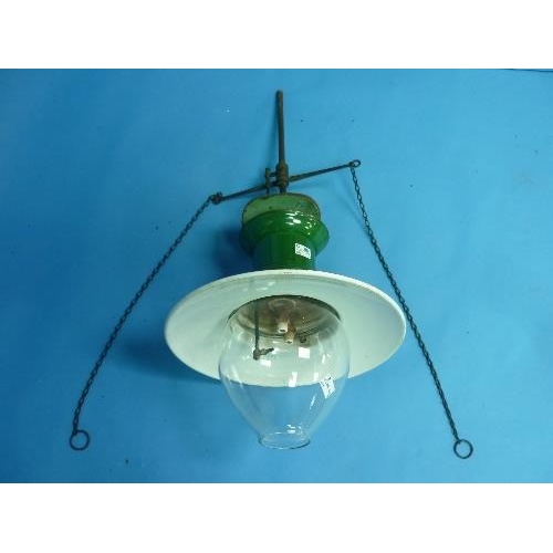 628 - Railwayana; A SR Sugg Hanging sas Platform Lamp, in green enamel with pyrex dome.