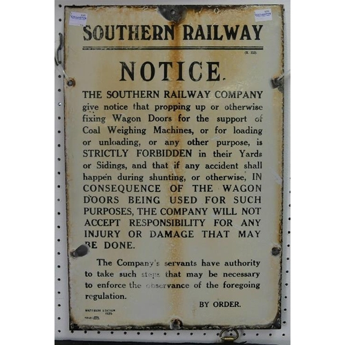 631 - Railwayana; A SR enamel 'Propping of Wagon Doors' Notice, dated 1925, 18in (45cm high x 12in (31cm) ... 