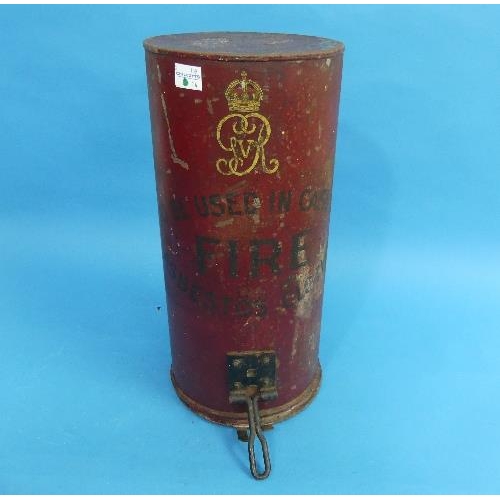 622 - An early 20thC metal Fire Blanket Canister, empty, painted red with George V cypher on front, hinged... 