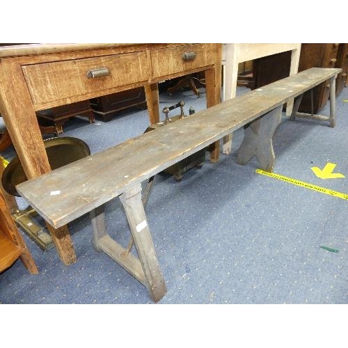 117 - A large vintage painted pine Form (Bench), painted grey, length 8ft x depth 9.5in