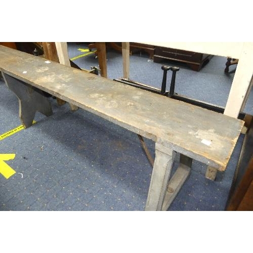 117 - A large vintage painted pine Form (Bench), painted grey, length 8ft x depth 9.5in