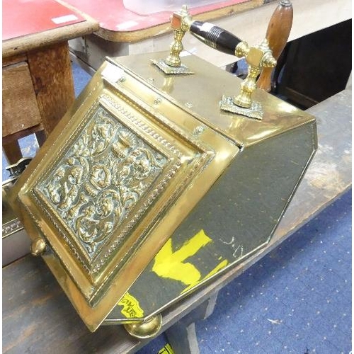 119 - A Victorian brass Coal Box, with embossed decoration, together with a brass log container (2)