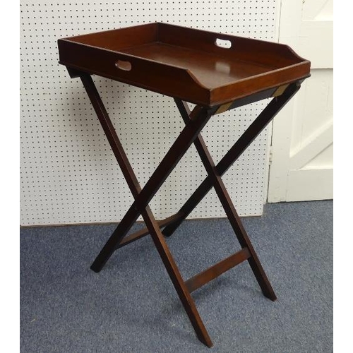 448 - A 19thC mahogany Butler's Tray, with kidney shaped apertures, on a folding stand, width 29in x depth... 