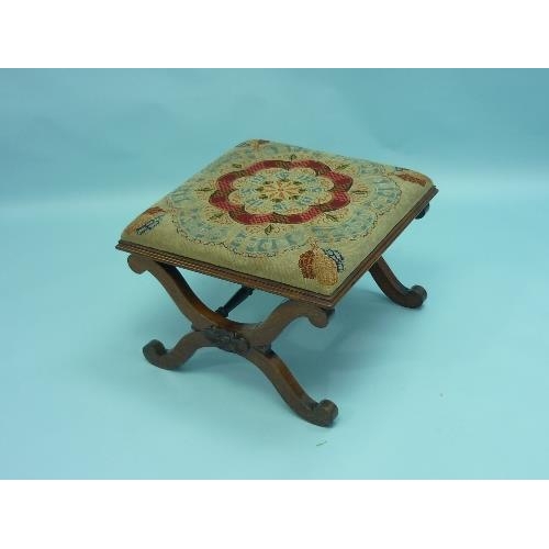 452 - A William IV rosewood X-frame Stool, the embroidered square padded seat above a narrow moulded friez... 