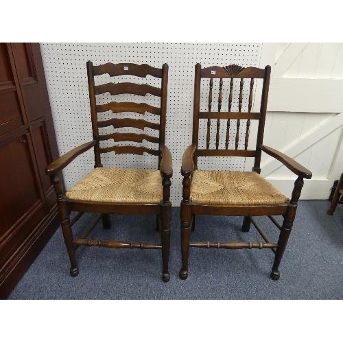 476 - A set of seven ash and elm spindle-back country farmhouse dining chairs, with rush seats, together w... 