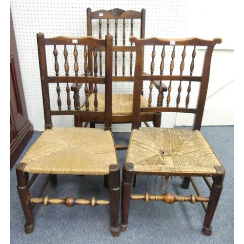 476 - A set of seven ash and elm spindle-back country farmhouse dining chairs, with rush seats, together w... 