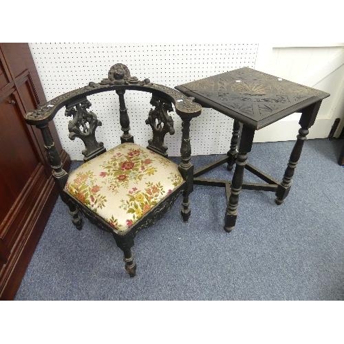 481 - A Victorian carved oak Corner Chair, together with a Victorian carved oak corner table with hinged f... 