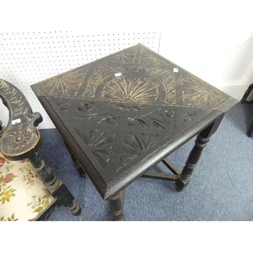 481 - A Victorian carved oak Corner Chair, together with a Victorian carved oak corner table with hinged f... 