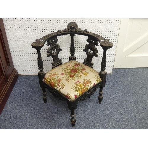 481 - A Victorian carved oak Corner Chair, together with a Victorian carved oak corner table with hinged f... 