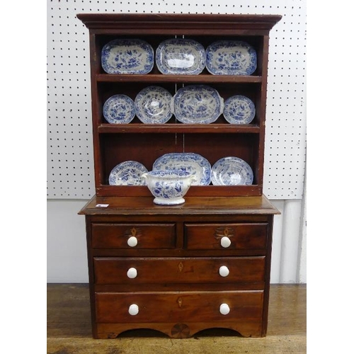 501 - An antique apprentice piece stained pine Chest of Drawers, with inlaid decoration, feet reduced, wit... 