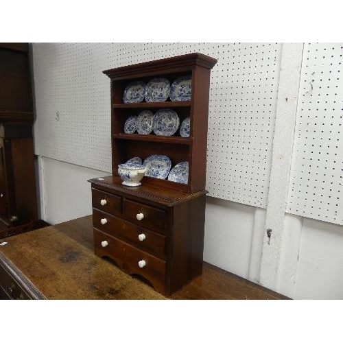 501 - An antique apprentice piece stained pine Chest of Drawers, with inlaid decoration, feet reduced, wit... 