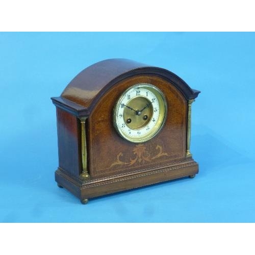 506 - An early 20th century French mahogany and inlaid Mantel Clock, of arched form with circular dial, br... 